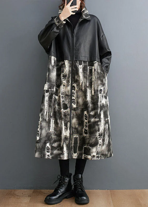 Vogue Black Stand Collar Print Faux Leather Patchwork Long Trench Coats Long Sleeve Vogue Black Stand Collar Print Faux Leather Patchwork Long Trench Coats Long Sleeve