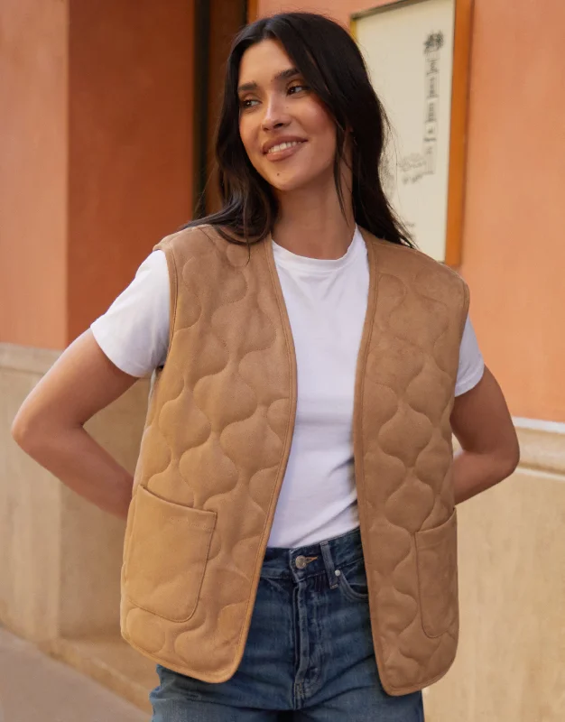 Women's Tan Suedette Onion Quilted Gilet