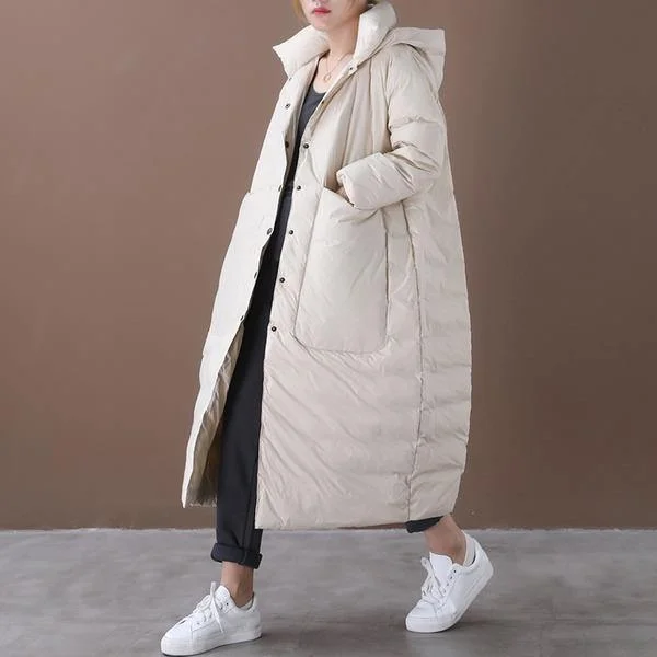 Women Beige Warm Winter Down Coats Hooded Pockets Wide-waisted Female Long Down Coats Women Beige Warm Winter Down Coats Hooded Pockets Wide-waisted Female Long Down Coats