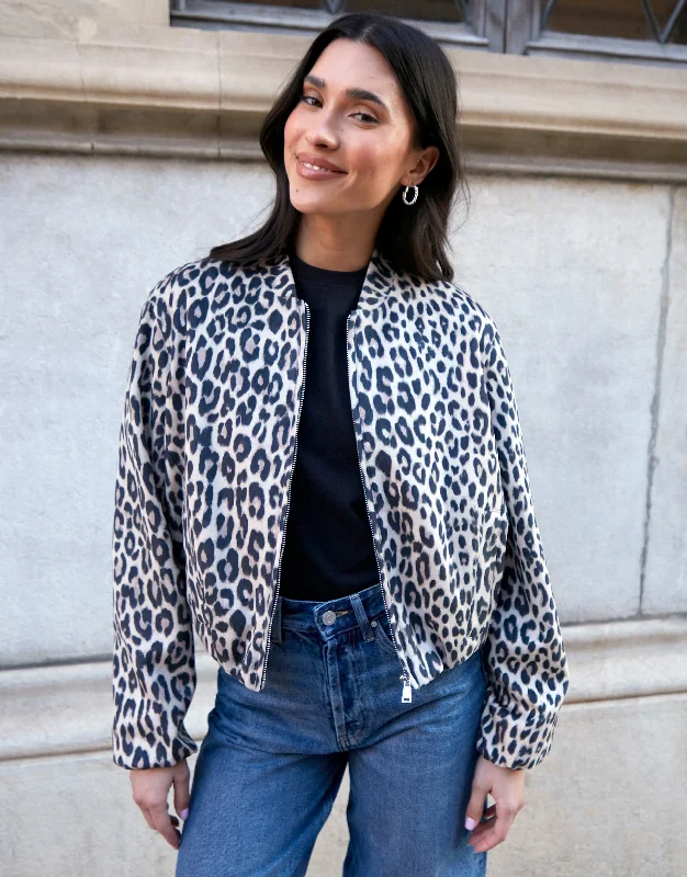 Women's Leopard Print Bubble Hem Suedette Bomber Jacket