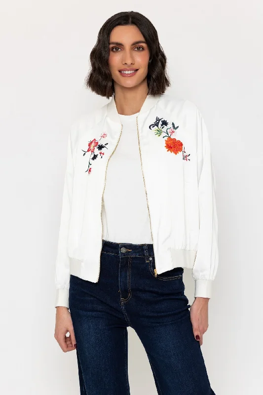 Floral Embroidered Bomber Jacket in Ivory