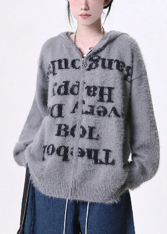 DIY Grey Oversized Letter Print Knit Hoodie Coat Spring