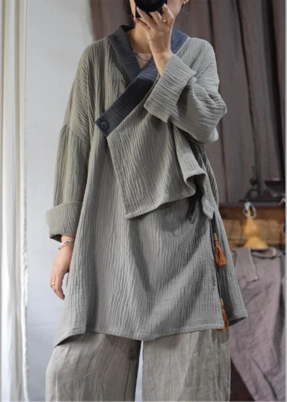 Original Design Grey V Neck Tassel Lace Up Cotton Coat Spring