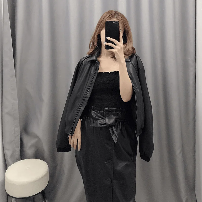 European and American Style Women'S PU Lapel Top Short Faux Leather Jacket