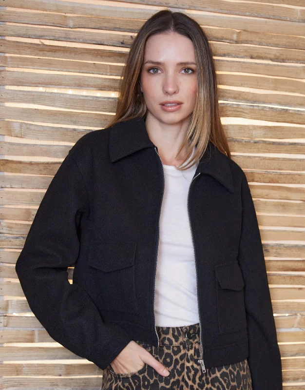 Women's Black Faux Wool Collared Harrington Jacket