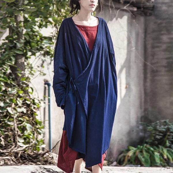 Women Cotton Linen Bandage Trench Coat V-Neck Vintage Cardigan Irregular Clothes Trench Women Cotton Linen Bandage Trench Coat V-Neck Vintage Cardigan Irregular Clothes Trench
