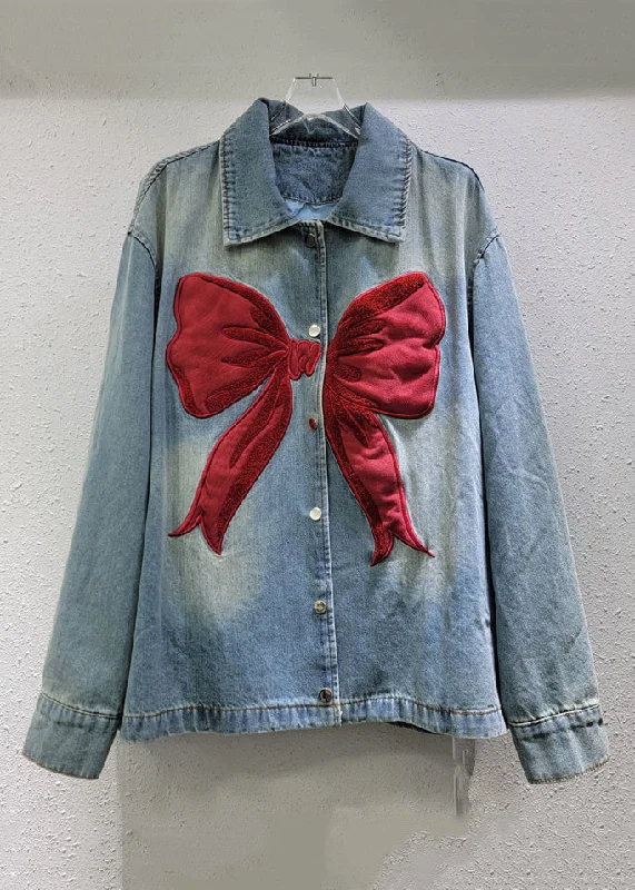 New Blue Peter Pan Collar Button Bow Denim Coat Spring