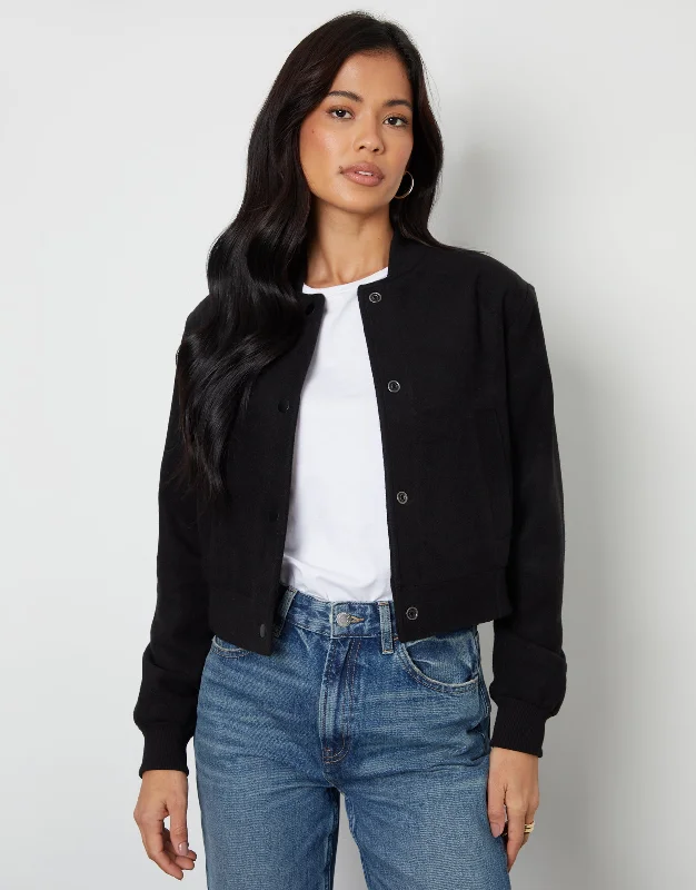 Women's Black Brushed Cropped Bomber Jacket