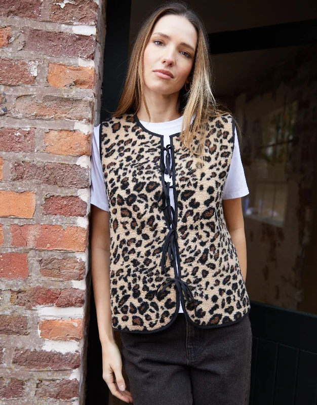 Women's Leopard Print Tie Front Borg Gilet