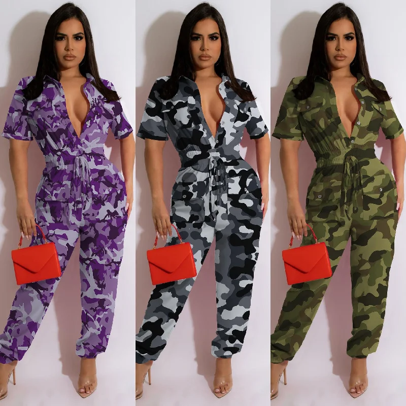 Alpha C Women Camouflage High Stretch V Neck  Overall Jumpsuit