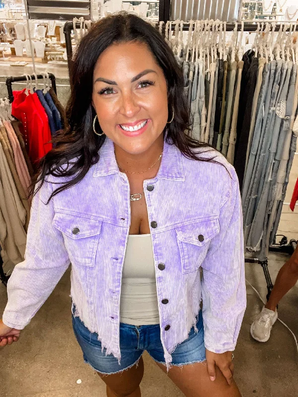 Distressed Hem Corduroy Jacket in Purple (S-L)
