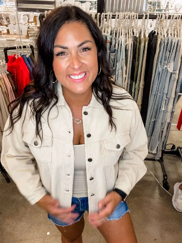 Distressed Hem Corduroy Jacket in Beige (S-L)