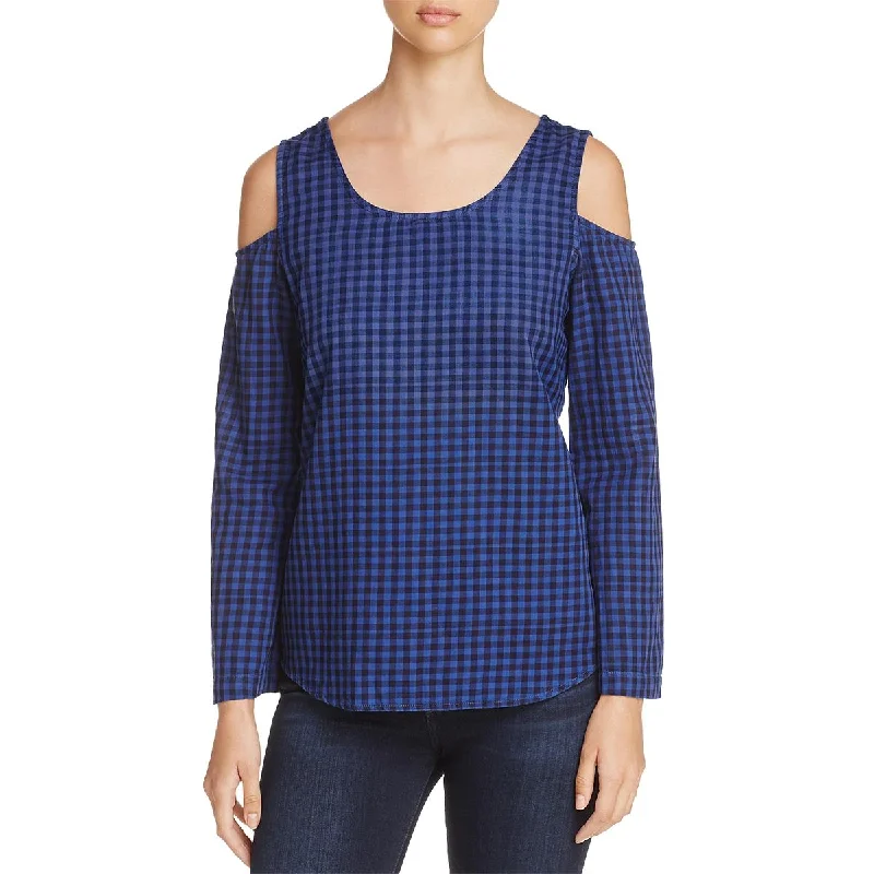 Side Stitch Womens Cold Shoulder Plaid Pullover Top