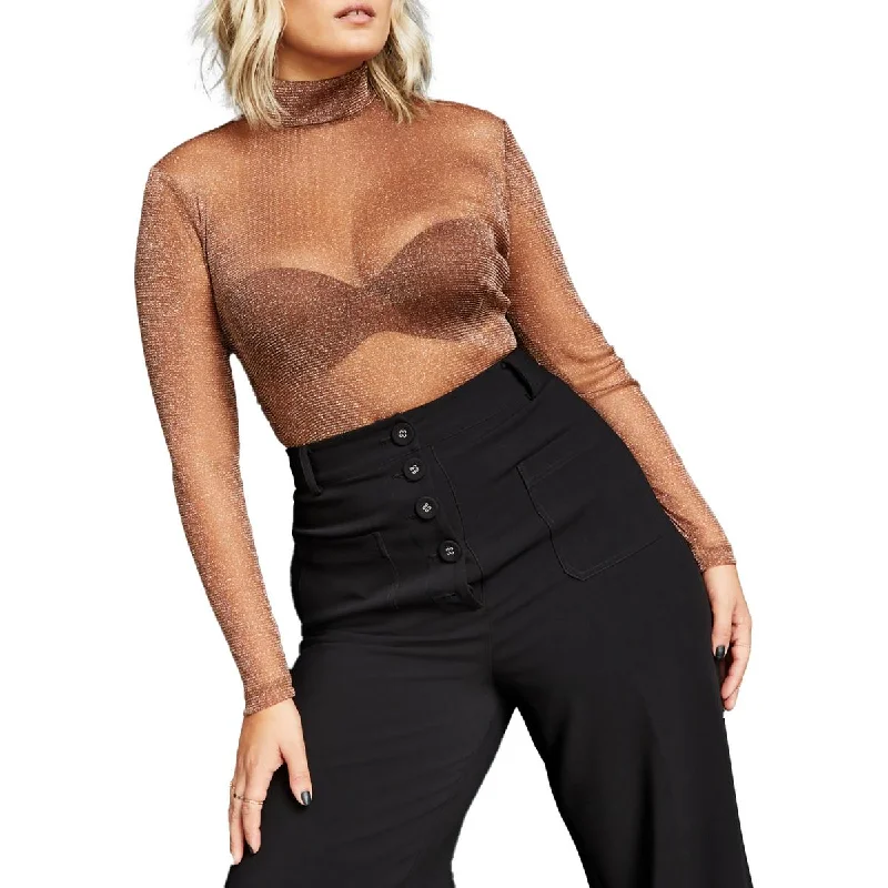 Royalty By Maluma Womens Metallic Mock Turtleneck Bodysuit