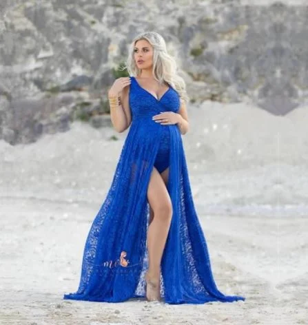 The Kim. V neck blue lace bodysuit with lace overslkirt.